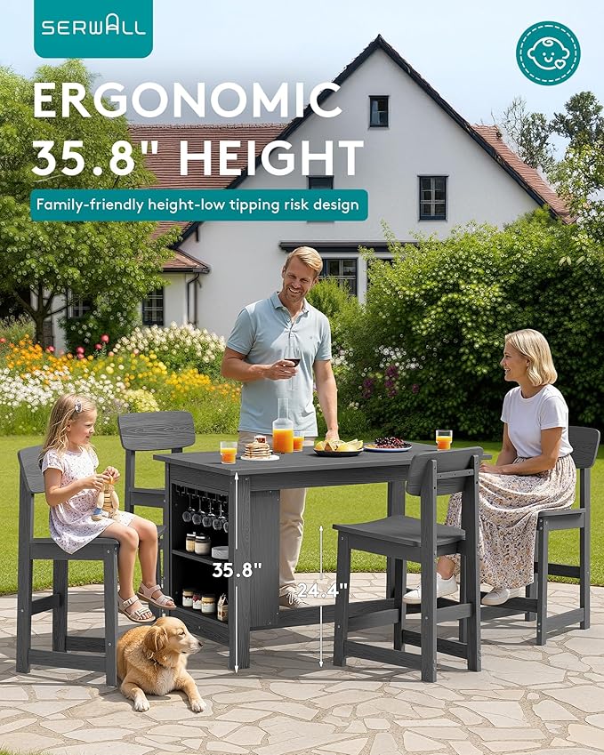 SERWALL 10-Piece HDPE Counter Height Dining Table Sets with Storage and Wine Rack, 2 Rectangular Bar Table with Bar Stools Set of 8 for Garden, Backyard, Kitchen, Gray