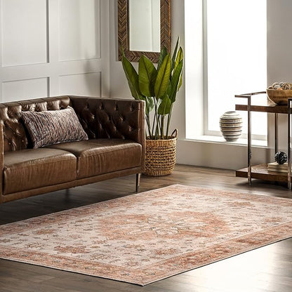 nuLOOM Dawson Machine Washable Distressed Medallion Ultra Thin Area Rug, 6' x 9', Peach