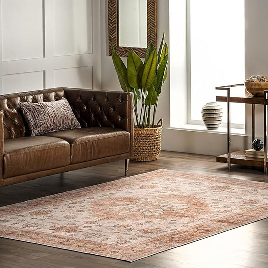 nuLOOM Dawson Machine Washable Distressed Medallion Ultra Thin Area Rug, 6' x 9', Peach