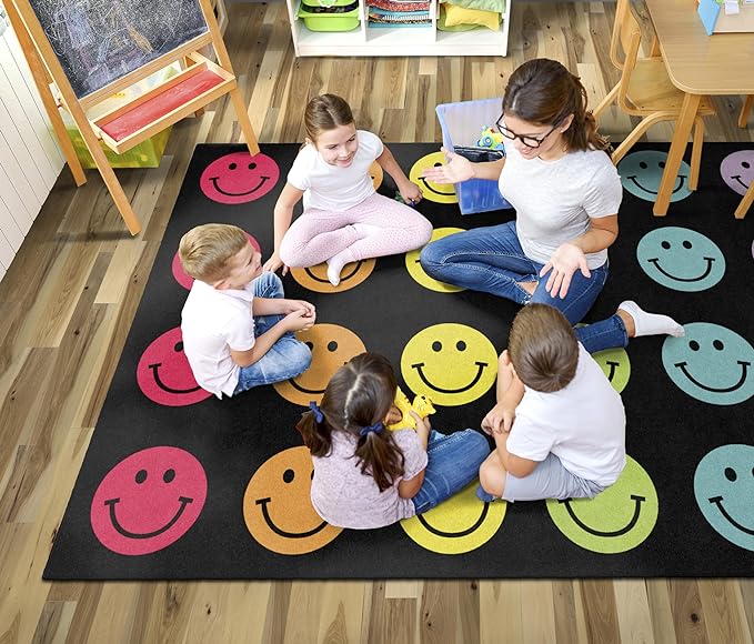 Flagship Carpets Schoolgirl Style Rainbow Smileys in Black Criss-Cross Applesauce Educational Area Rug for Kids Room, Children's Classroom for Teaching & Playroom, 7'6" x 12', Black & Multi, Seats 28