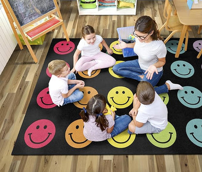 Flagship Carpets Schoolgirl Style Rainbow Smileys in Black Criss-Cross Applesauce Educational Area Rug for Kids Room, Children's Classroom for Teaching & Playroom, 7'6" x 12', Black & Multi, Seats 28