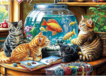 Kittens Watching Goldfish 1000 Piece Puzzle for Adults - Fish Tank Cats Jigsaw Puzzles 1000 Pieces, Unique Home Decor Art, Challenging Fun Games for Adults & Family Game Night Gift