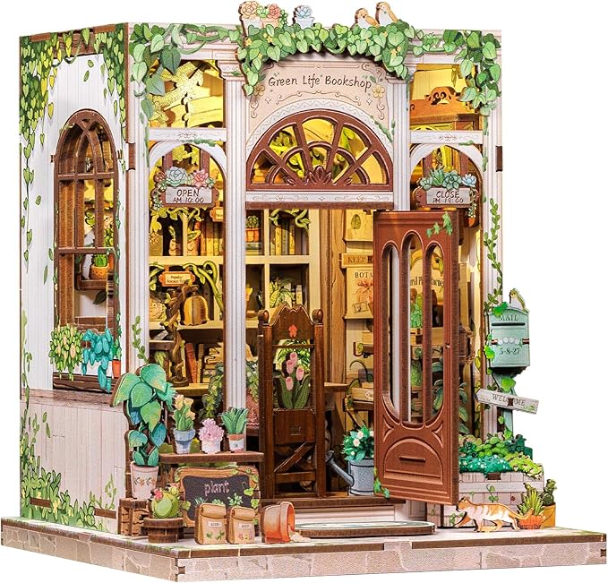 CUTEBEE Book Nook Kit - DIY Miniature House Dollhouse Kit for Adults and Teens, Booknook Tiny House Bookshelf 3D Wooden Puzzle, Gifts for Family (Green Life Bookshop)
