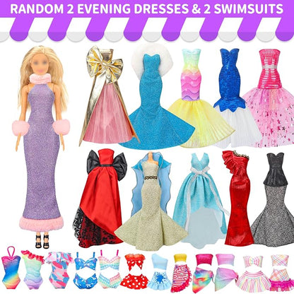 Style Shine Doll Clothes and Accessories Kit,4 Wedding Gowns 2 Evening Dresses 8 Fashion Dresses 6 Set Casual Outfit Top and Pant 2 Swimsuit,18 Hanger 10 Shoe 20 Accessories Toys for Girls Kid Gift