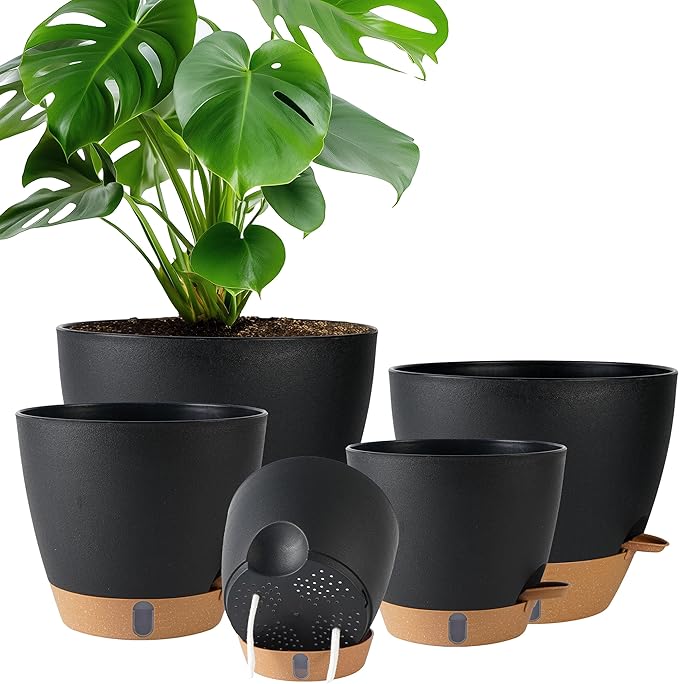Self Watering Pots for Inoor Ourdoor Plants 10/9/8/7/6.5 Inch Plastic Planters with Drainage Holes & Water Level Indicator, Decorative House Flower Nursery Planting Pots with Saucers (Black)
