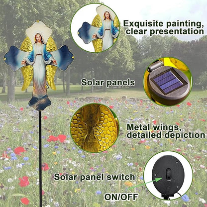 Solar Virgin Mary Cross Garden Lamp for Grave - Angel Wing Memorial Decoration, Waterproof Solar Stake Lamp for Easter, Courtyard, Yard - Sympathetic Gift for Loved Ones. Elegant Cross