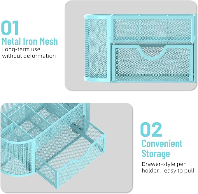 Mesh Desk Organizer with Drawer, 9-Compartment Pen Holder for Desk, Blue | Pull-Out Drawer Stores Pens, Pencils, Clips, Notes, and Small Office or School Supplies in One Compact Desk Caddy