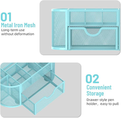 Mesh Desk Organizer with Drawer, 9-Compartment Pen Holder for Desk, Blue | Pull-Out Drawer Stores Pens, Pencils, Clips, Notes, and Small Office or School Supplies in One Compact Desk Caddy