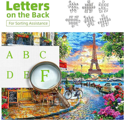 Paris Street 500 Piece Jigsaw Puzzle for Adults & Seniors, Eiffel Tower Cafe Scene Sunset, Romantic Parisian Landscape Travel Art, Family Puzzle with Letters on Back(23" x 15")