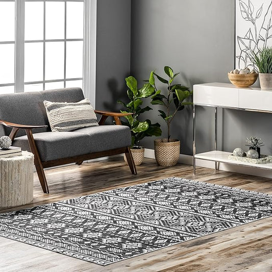 nuLOOM Madlyn Tribal Machine Washable Ultra Thin Area Rug, 3' x 5', Charcoal