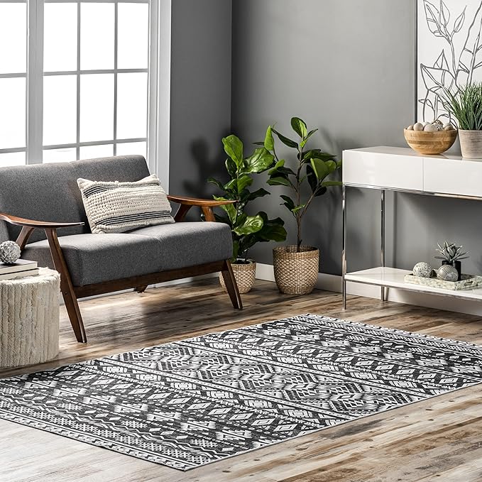 nuLOOM Madlyn Tribal Machine Washable Ultra Thin Area Rug, 8' x 10', Charcoal