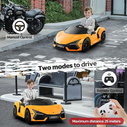 ELEMARA Lamborghini Kids Car with Scissor Door, Ride On Toys with Remote Control, 12v Kids Electric Car with Bluetooth, LED Light, MP3 Player and Wide Seat, Lemon Yellow