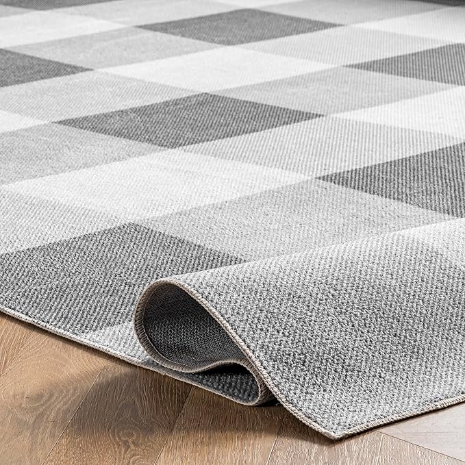 nuLOOM Lucy Machine Washable Farmhouse Buffalo Plaid Ultra Thin Accent Rug, 2' x 3', Grey