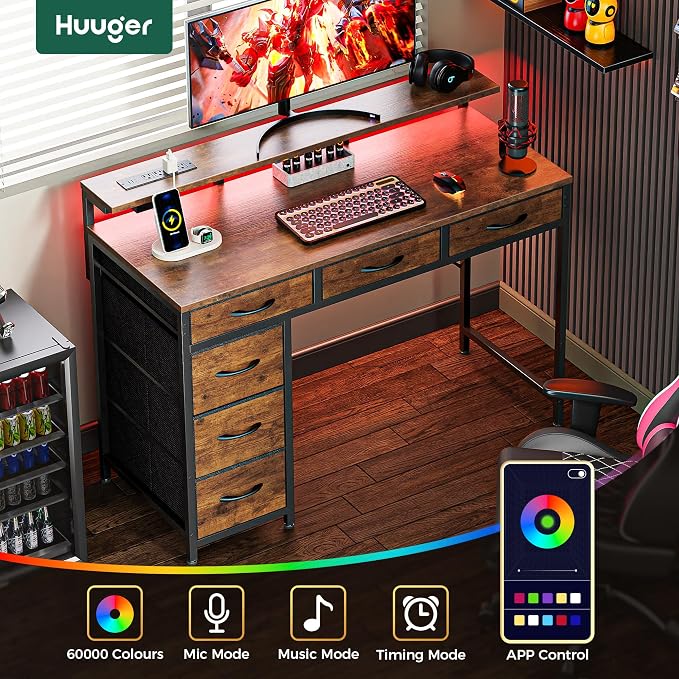 Huuger Gaming Desk with 6 Drawers, Computer Desk with LED Lights Power Outlets and Type-C, 39 Inch Office Desk with Storage, Monitor Stand, Writing Work Desk Home Office, Study, Rustic Brown