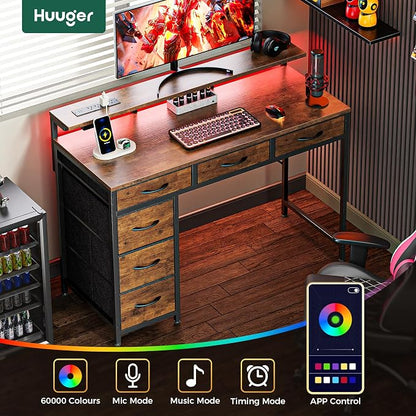 Huuger Gaming Desk with 6 Drawers, Computer Desk with LED Lights Power Outlets and Type-C, 39 Inch Office Desk with Storage, Monitor Stand, Writing Work Desk Home Office, Study, Rustic Brown