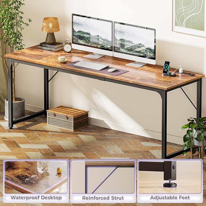 PRAISUN 80 X 24 Inch Computer Desk, Power Outlets, USB-C, Rustic Brown | Office Desk with 4 AC Outlets, USB & USB-C, Sturdy Metal Frame, Spacious Desktop for Work, Writing, Study & Gaming