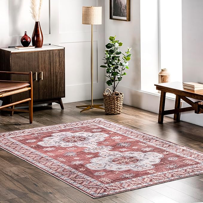 nuLOOM Norma Machine Washable Traditional Medallion Ultra Thin Area Rug, 3' x 5', Rust