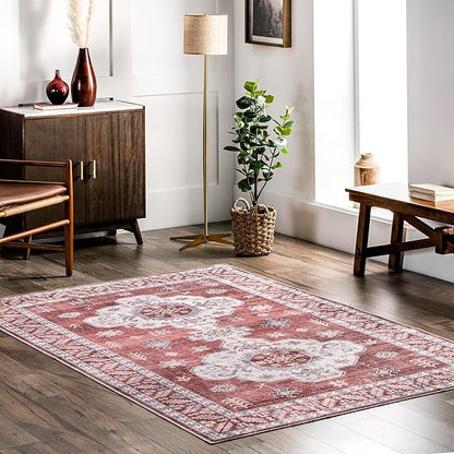 nuLOOM Norma Machine Washable Traditional Medallion Ultra Thin Area Rug, 3' x 5', Rust