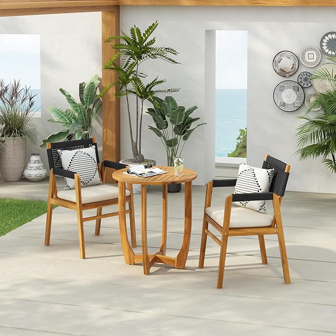 Christopher Knight Home Zed 3 Pieces Outdoor Dining Set, Acacia Wood Dining Chairs and Table, Slats Panel Design Round Table, Wooden Frame, 2 Seater Bistro Set for Balcony Backyard Garden, Teak+Black