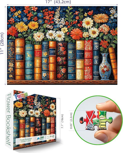 300 Piece Puzzle for Adults Vintage Books and Vibrant Flowers Jigsaw Puzzle Fun Colorful Nature Classic Library Design Puzzle with Letters on Back for Seniors Ideal Holiday