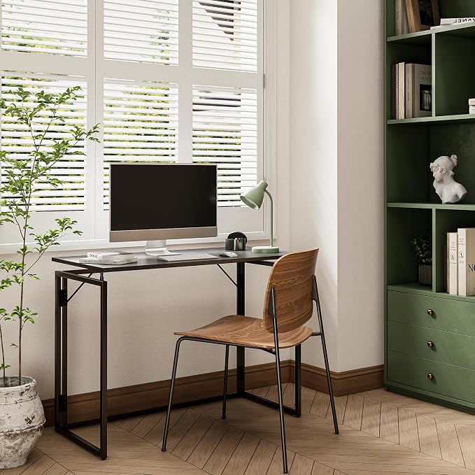 alawooder 39.4" Folding Desk: No Assembly, Wood Top for Small Spaces | 39.4 in dual-monitor workspace, holds 150 lbs, folds flat to 2.3 in, splash-proof top, home office or gaming