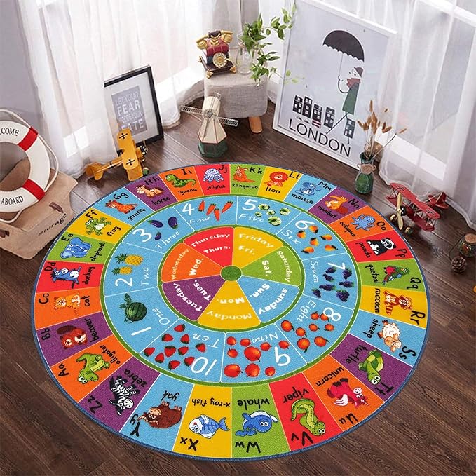 HEBE Kids Play Rug 4ft ABC Alphabet Numbers Shapes Educational Kid Area Rug Washable Baby Crawling Mat Non Slip Kid Play Mat Carpet for Girl Boy Bedroom Playroom