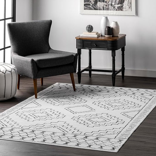 nuLOOM Noa Machine Washable Tribal Moroccan Accent Rug, 3' x 5', Ivory, Rectangular, 0.1" Thick