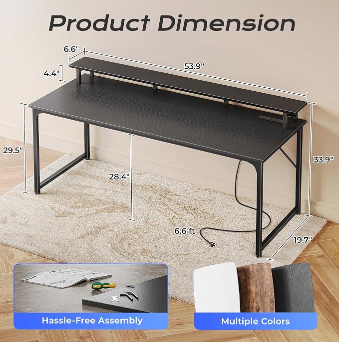 PRAISUN 55 inch Gaming Desk, LED & Power Outlets, Monitor Stand, Black | Sturdy PC Desk for Home Office, Study & Work, LED Lights, 4 AC Outlets & USB-C Charging Station