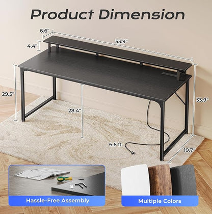 PRAISUN 55 inch Gaming Desk, LED & Power Outlets, Monitor Stand, Black | Sturdy PC Desk for Home Office, Study & Work, LED Lights, 4 AC Outlets & USB-C Charging Station
