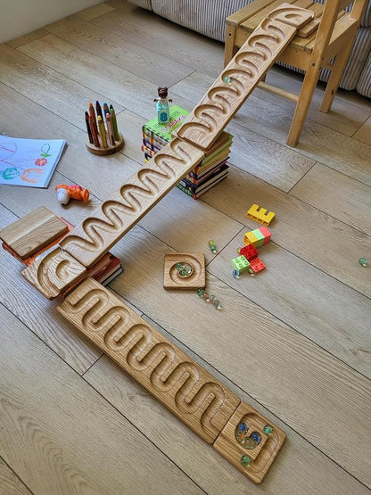Wooden Marble Run Track Race Wooden Maze Board Ball Run Montessori Educational Toy Gift for Kids Winding Wave Roller Track(Set of 3)