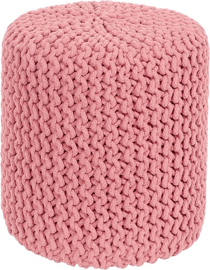 COTTON CRAFT Braided Round Pouf - Hand Knitted Cotton Cord Cable Dori Cylindrical Ottoman - Foot Stool - Floor Pouf - Footrest - Accent Seat - Living Room Bedroom Dorm Décor - 15 Round x 16 H - Pink