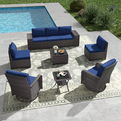Kullavik 9 Pieces Outdoor Patio Furniture Set,PE Wicker Rattan Sectional Sofa Patio Conversation Sets with Swivel Rocking Chairs Set,Navy Blue