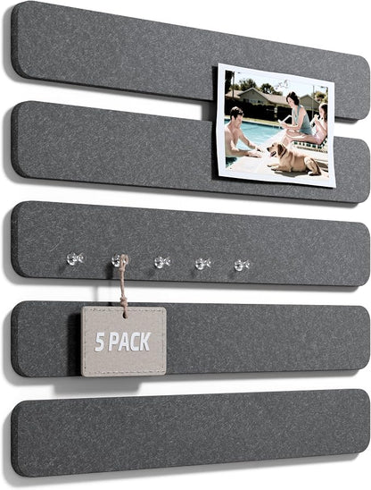 Fluxynara 13" x 2" Felt Wall Panels, Charcoal Gray | 5-Pack Cork Board Alternative with 35 Push Pins, Adhesive Mounting for Bedroom Door or Home Office