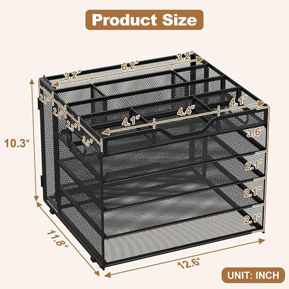 Docnest 5 Tier Desk Organizer with Hanging File Folder Holder&Tray, Black | Features 3 detachable pen holders and 4 removable dividers.Versatile mesh desktop storage for mail, document,office supplie