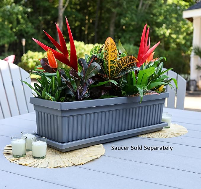 The HC Companies 30 Inch Venetian Rectangular Window Planter Box - Lightweight Plastic Indoor Outdoor Plant Pot with Drainage for Windowsill, Herbs, Flowers, Warm Gray (Pack of 5)