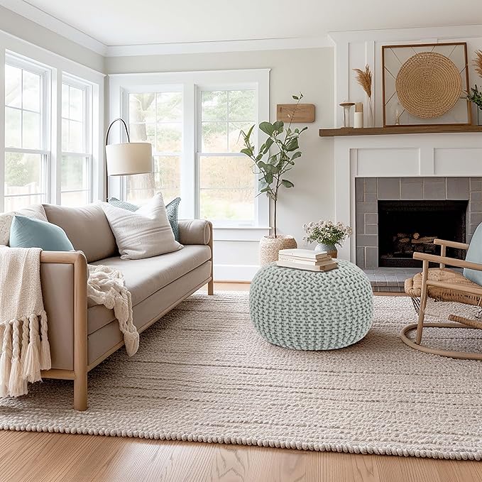 COTTON CRAFT Round Pouf Ottoman - Knitted Cotton Braid Cord Cable Dori Floor Pouf Foot Stool Accent Furniture Chair Seat Bean Bag - Living Room Bedroom Kids Room Nursery Dorm - 20 x 14- Ash Grey