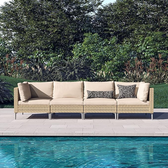 Grand patio 4-Piece Wicker Patio Furniture Set, Boho Outdoor Sectional Sofa with Water Resistant Thick Cushions (Coffee Table Not Included), Cream