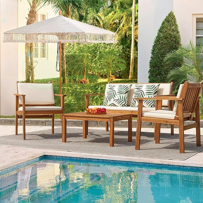 Flamaker Patio Furniture 4 Piece Outdoor Acacia Wood Patio Conversation Sofa Set with Table & Cushions Porch Furniture for Deck, Balcony, Backyard