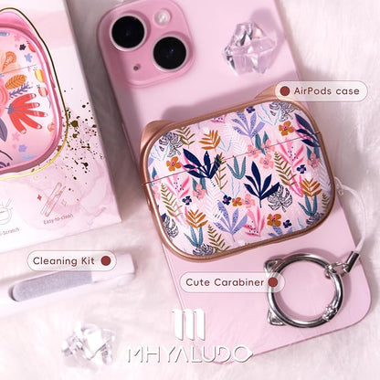 for AirPods Pro 2 Case with Cleaning Kit, Cute Cat Ear Print Design & Cute Buckle for Girls, Phone Holder & Top Safe Lock Buckle Design for AirPods Pro 2nd/1st Gen case, Rose Gold Leaves