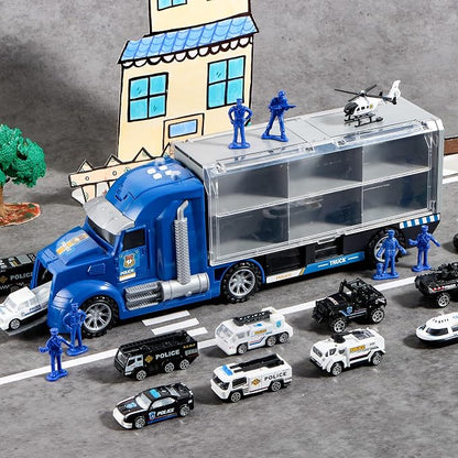 JOYIN 25 in 1 Police Rescue Truck Car Toy Set with Sounds and Lights, Mini Vehicles in Carrier Truck, Play Police Patrol Rescue Vehicle Toy, Birthday Gifts for Over 3 Years Old Boys