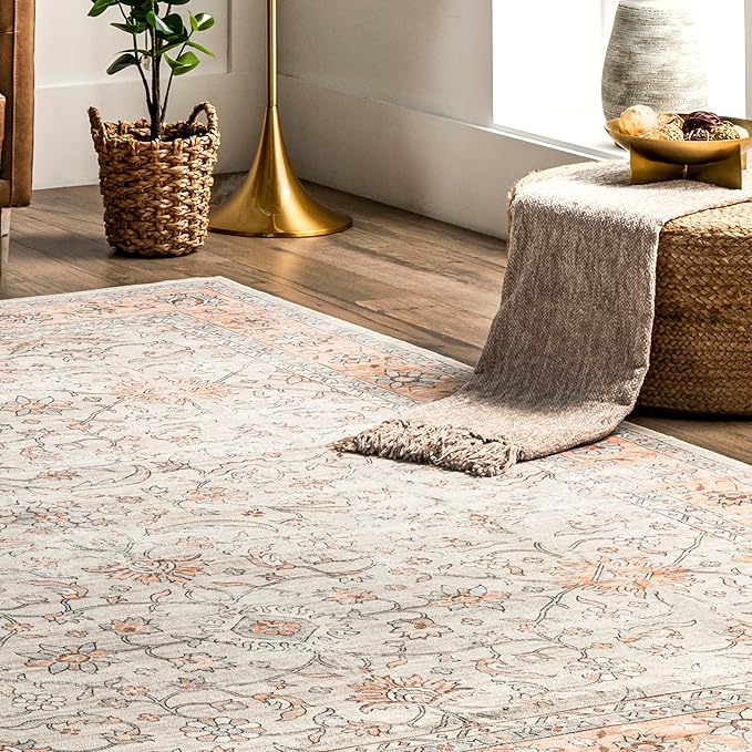 nuLOOM Marlena Faded Floral Machine Washable Ultra Thin Area Rug, 5' x 8', Peach