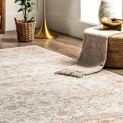 nuLOOM Marlena Faded Floral Machine Washable Ultra Thin Area Rug, 5' x 8', Peach