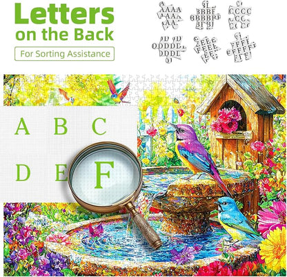 500 Piece Jigsaw Puzzle for Adults Spring Garden Scene with Colorful Birds, Birdhouse & Fountain, Large Piece Relaxing Puzzles Adult Puzzle Gift (23x15 Inch)