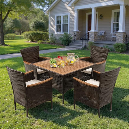 Wisteria Lane Patio Outdoor Table and Chairs Set, Rattan Outdoor Patio Furniture Set with Removable Cushions, Outdoor Patio Dining Sets with Acacia Wood Tabletop for Deck Garden Backyard, Brown