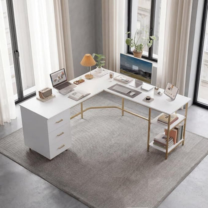 Techni Mobili 59" Two-Tone L‑Shaped Office Desk with Storage Shelves, Gold | 59" two‑tone L‑shaped desk with storage shelves, durable frame, modern corner workstation, spacious home office writing space