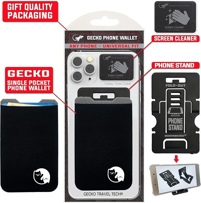 Phone Wallet - Adhesive Card Holder - Cell Phone Pouch - Stick on Lycra Pocket by Gecko - Carry Credit Cards and Cash