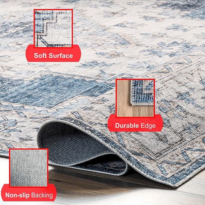 nuLOOM Dania Machine Washable Medallion Accent Rug, 2' x 3', Navy, Rectangular, 0.1" Thick