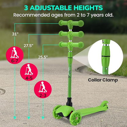 Hurtle Mini Kickboard 3 Wheel Scooter for Kids Ages 2-5 - Lean-to-Steer Toddler Scooter with Light-up LED Wheels, Adjustable Height & Rear Foot Brake for Boys. & Girls, Anti-Slip, Indoor/Outdoor