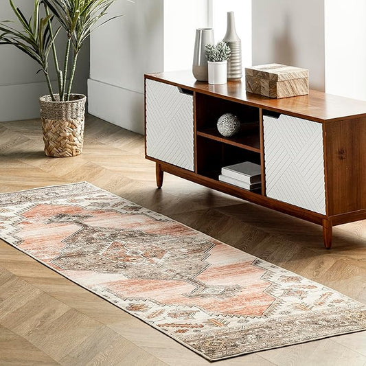 nuLOOM Gracie Distressed Medallion Machine Washable Ultra Thin Runner Rug, 2' 6" x 8', Peach