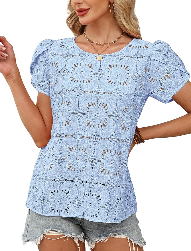 OFEEFAN Blouses for Women Dressy Casual Petal Short Sleeve Shirts Crochet Lace Boho Tops Spring Fashion Summer Outfits